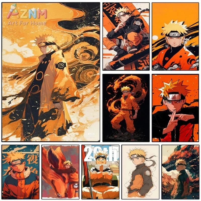 Naruto Canvas Wall Art Golden Swirl Ninja Hero Print Warm Tone Anime Character Picture For Teen Bedroom Decor Unframed