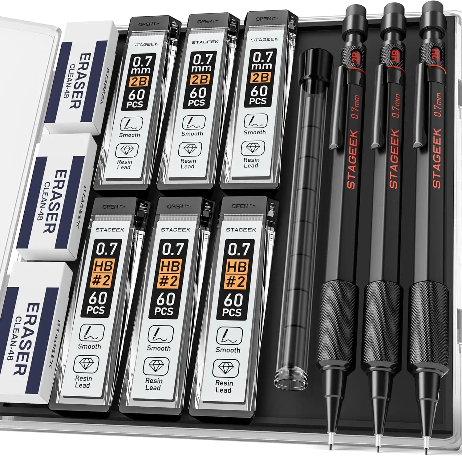 Set di matite meccaniche in metallo da 0,7 mm con ricariche, gomme e custodia per scrittura, disegno e uso all'aperto