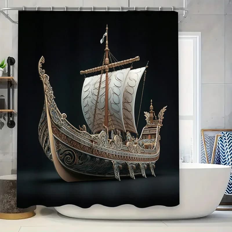Tenda da doccia per barca vichinga Tema nautico decorativo per bagno Sfondo nero con il mondo delle navi a vela bianche