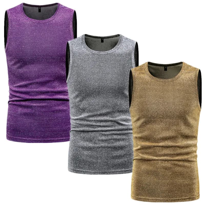 Canotta Estiva Senza Maniche Lucida da Uomo Oro/Argento, T-shirt Casual Streetwear con Collo Rotondo e Piccola Elastica in Vita