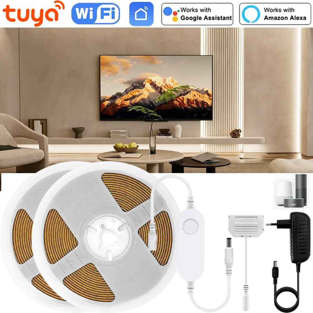 Tuya WiFi Under Cabinet COB Led Strip Dimmable Bookcase Wardrobe Closet Ribbon Light Kit Collection Display Backlight LED Tape