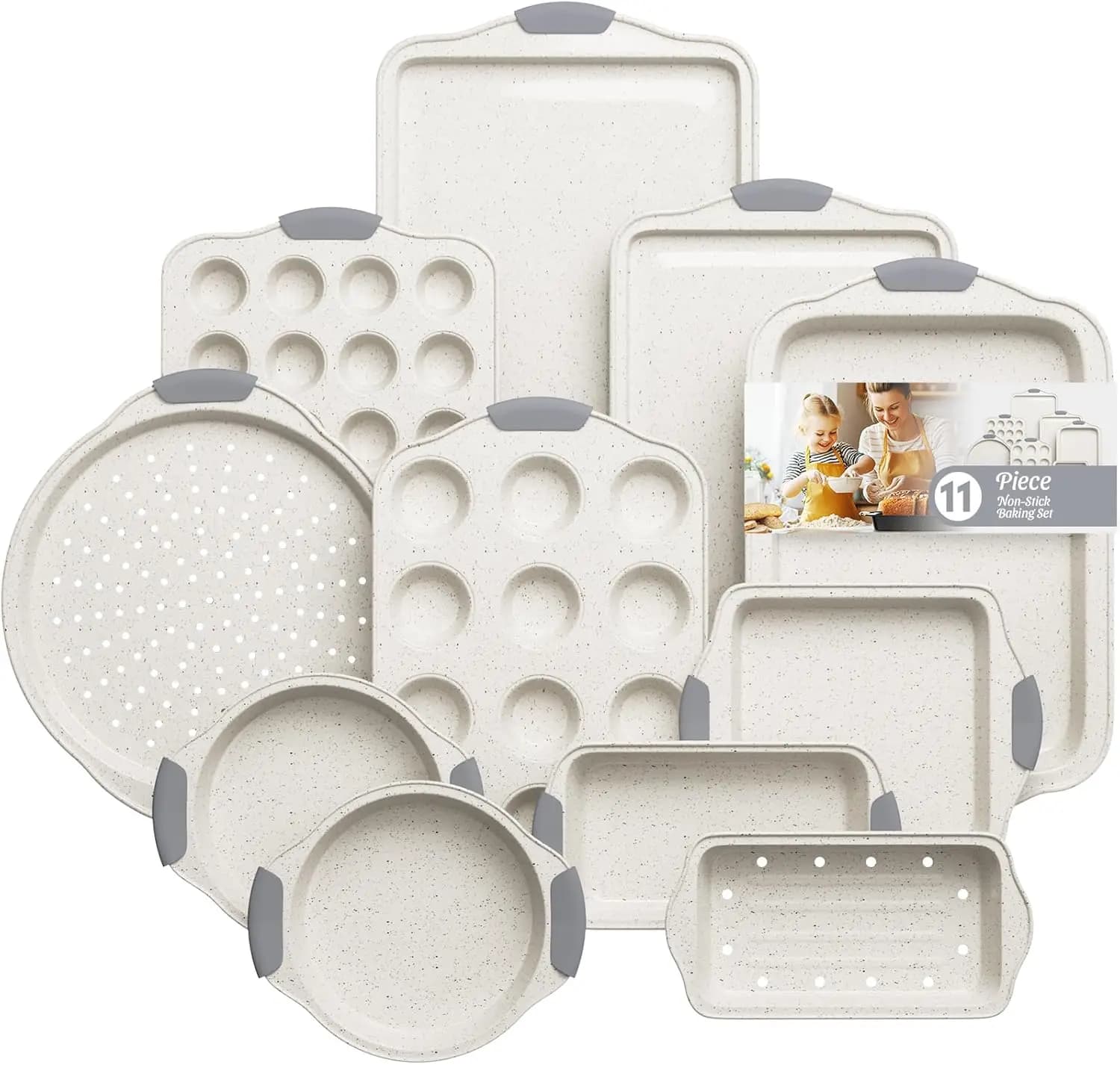Set di 11 Pezzi di Teglie Antiaderenti con Teglie per Biscotti, Teglia per Torte, Teglia per Pane, Teglia per Pizza, Teglia per Muffin - Bianco e Grigio