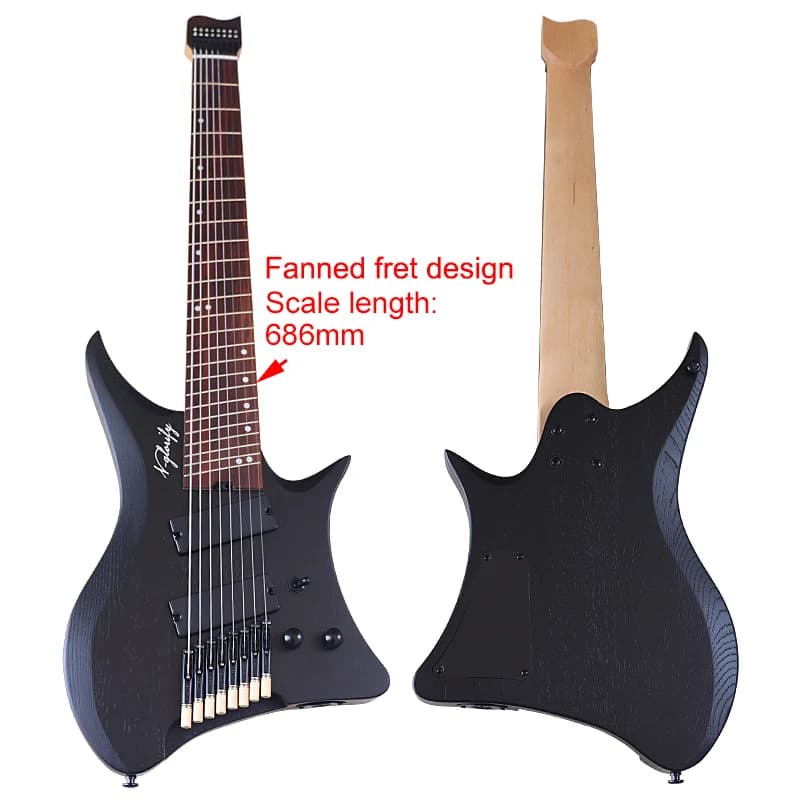 686MM Scale Length 8String Headless Electric Guitar Fanned Fret 30 Inch Solid Ashwood Body Matte Mini Guitar Black Color