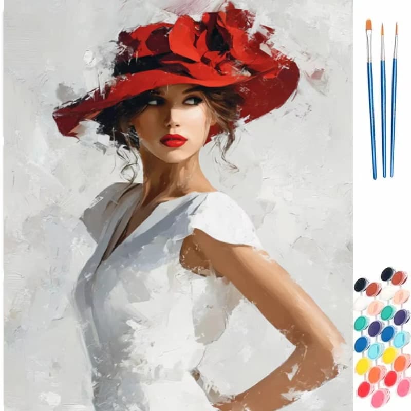 Fashion Red Hat Lady Digital Oil Painting Paint By Numbers Kit Canvas Hand Drawing Picture Home Wall Decor Art Gift for Friend