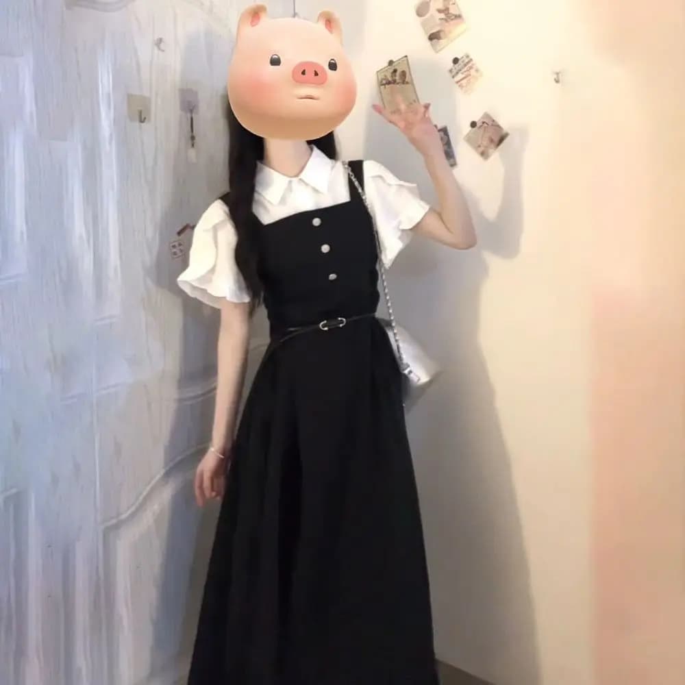 Sweet Japanese Style Black Strapless Dress Women's Shirt Two-Piece Set Waist-Cinching No-Belt Knot Collar