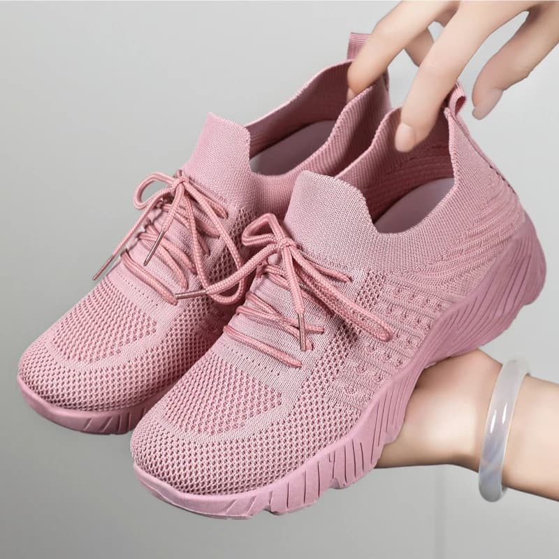 Women Solid Flying Weave Sneakers Breathable Mesh Thick Sole Non Slip Walking Shoes Plus Size Ladies Lightweight Casual Trainers