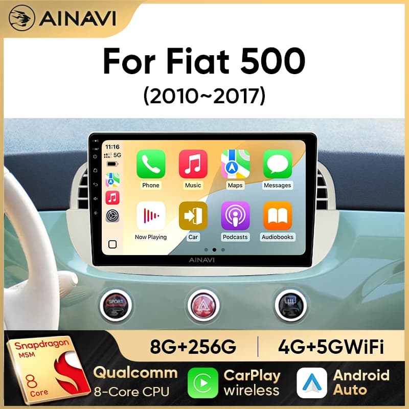Autoradio Ainavi 9'' Android 13 per Fiat 500 con navigazione GPS, controllo al volante, multimedia, Carplay e Auto BT