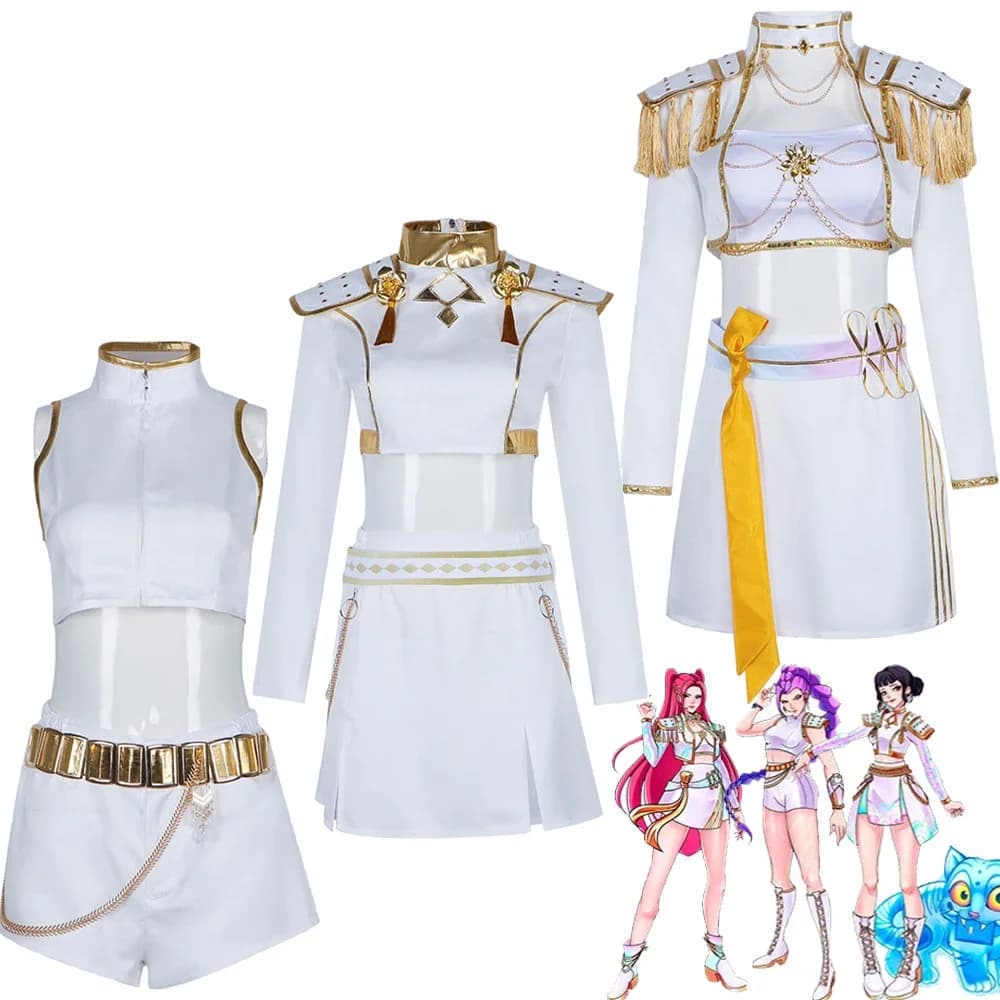 Rumi Zoey Mira Cosplay Costume for Kids and Women, White Gold Uniform Set, Huntrix Dress, Halloween Role Party