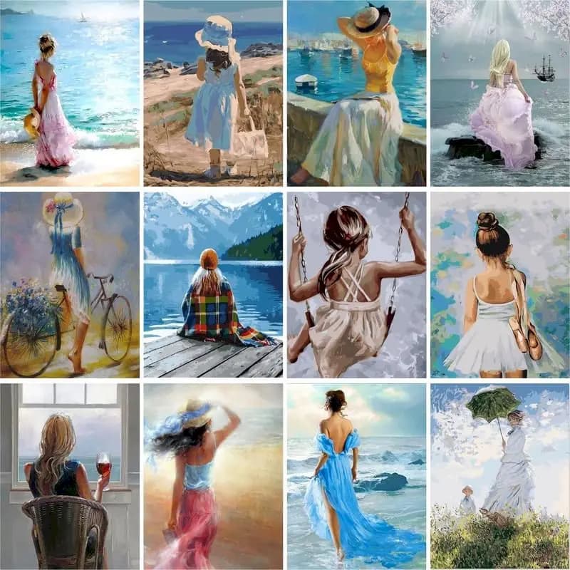 GATYZTORY Painting By Numbers Kits Seaside Girl Figure Oil Paints Acrylic Cnavas Home Bedroom Wall Artcraft Picture