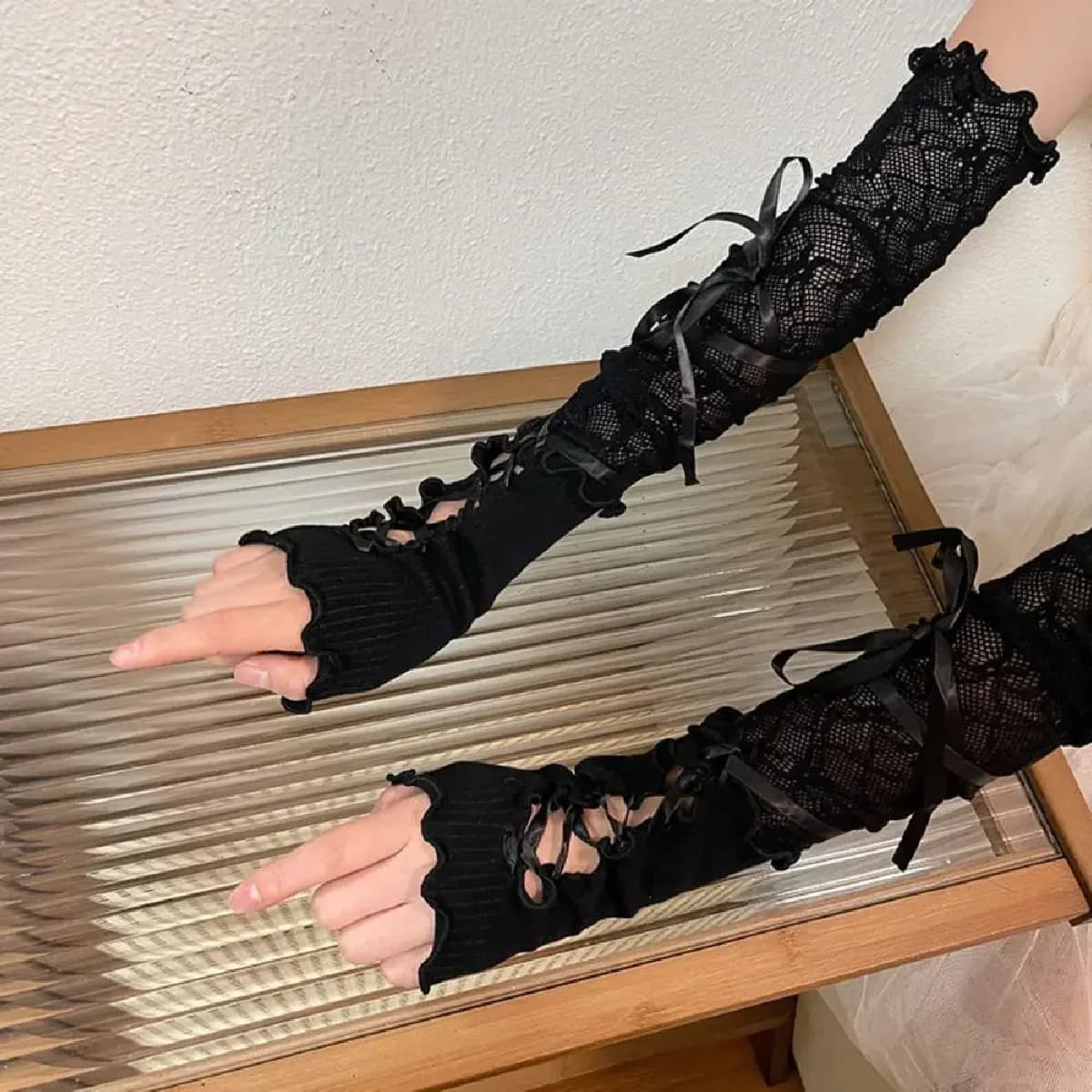 Guanti Senza Dita in Pizzo Lolita JK per Donne, Neri Gotici, Fai-da-Te, con Lacci, Protezione Solare, Accessori per Abbigliamento, Guanti Elastici in Rete 2055