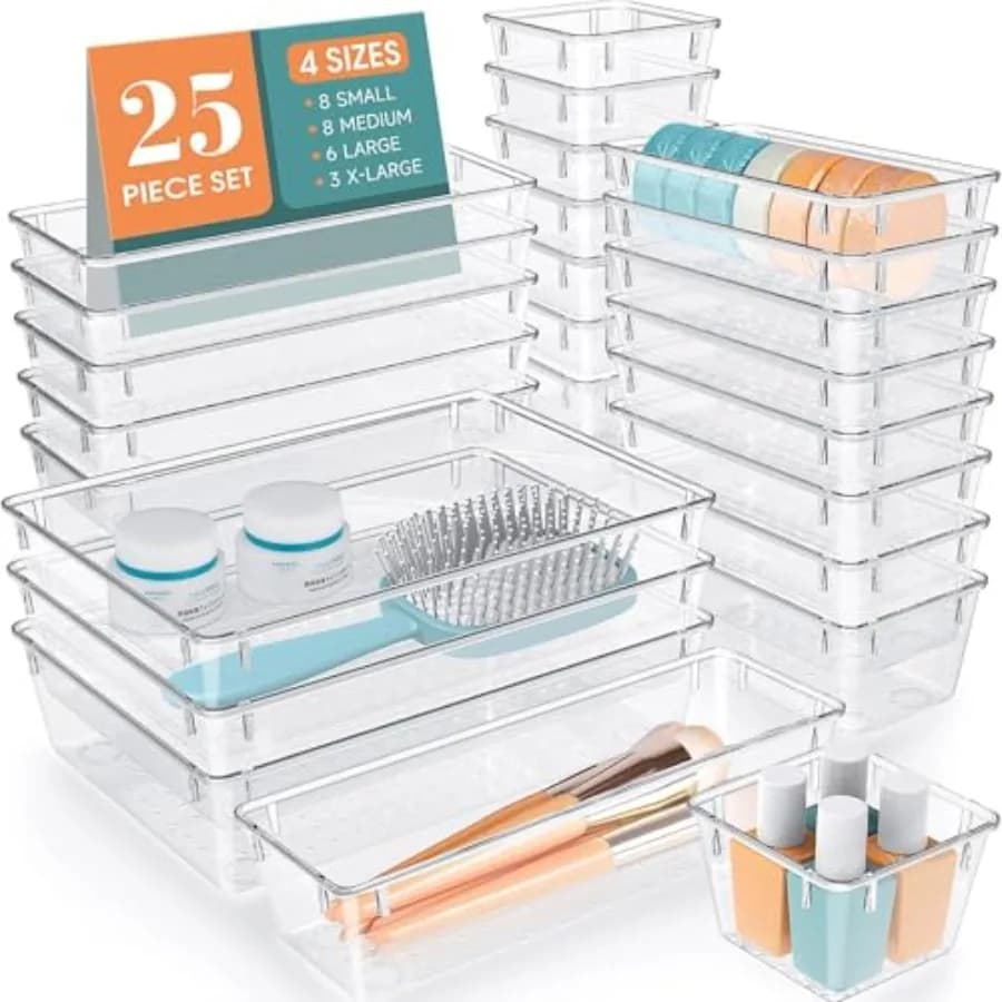 Set di 25 Organizzatori in Plastica per Cassetti, Divisori e Contenitori per Cassetti da Scrivania in 4 Misure per Trucchi, Gioielli, Gadget per la Casa