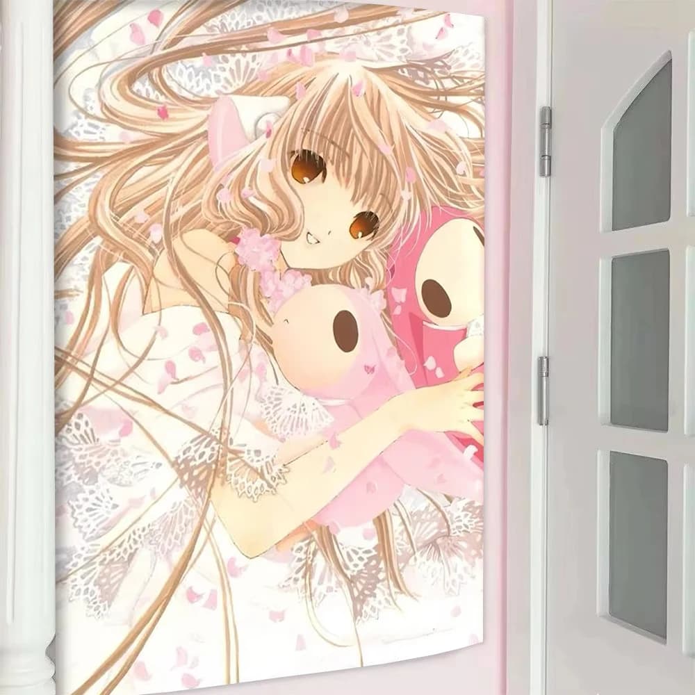 2D Chobits Chi Pink Rabbit Plush Doll Tapestry Soft Shoujo Anime Lace Cherry Petal Pastel Wall Hanging Background Cloth for Dorm