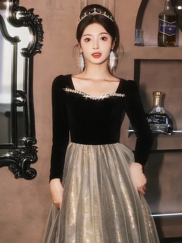Elegant Black Evening Gown Long Sleeve Women's Dress for Company Year End Party Hostess Korean Style Slim Fit Formal Dress