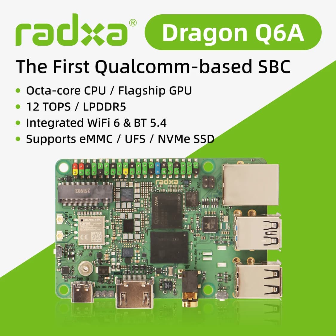 Radxa Dragon Q6A: soluzione AI Qualcomm QCS6490 Edge, prestazioni 12 TOPS, memoria LPDDR5, processore Octa-Core
