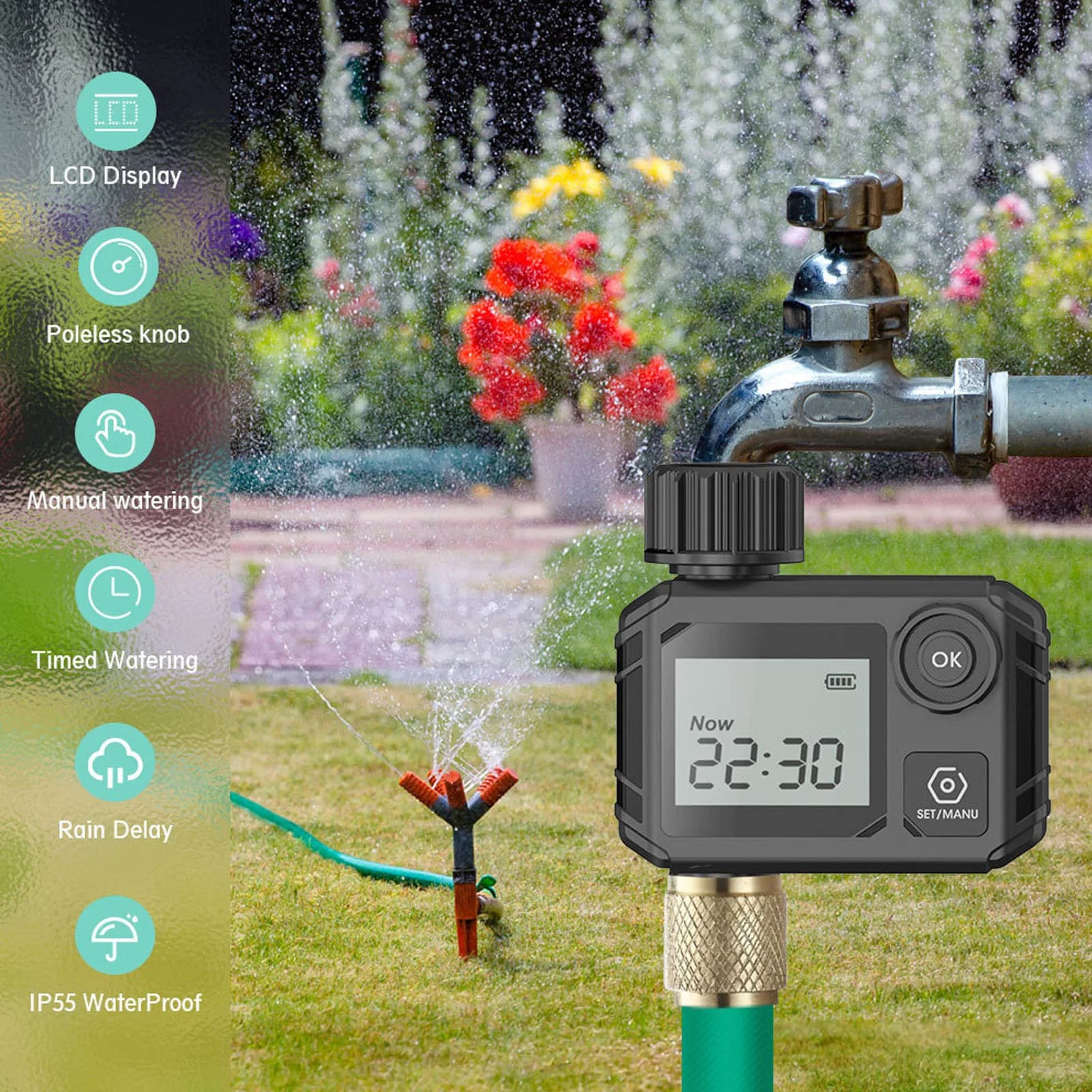 Timer per Irrigazione IP55 Impermeabile, Programmabile con Ritardo Manuale e Automatico, per Giardino