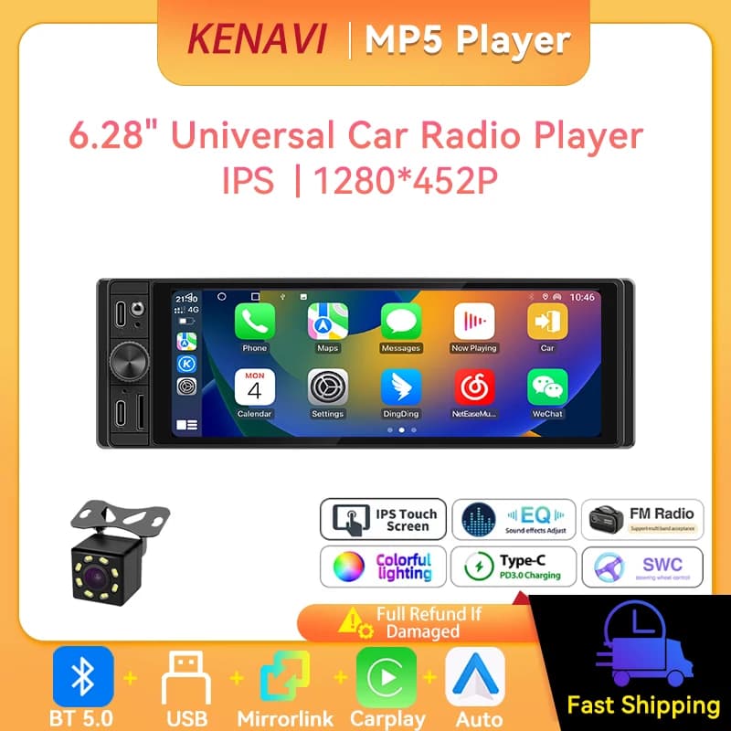 Autoradio Universale 1Din 6.28 Pollici, Lettore Multimediale MP5 con Carplay Wireless, Android Auto, BT5.0, USB, Mirrorlink