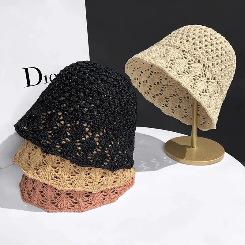 Women Hollow Woven Straw Bucket Hat Breathable Sun Protection Summer Face Cover Cap