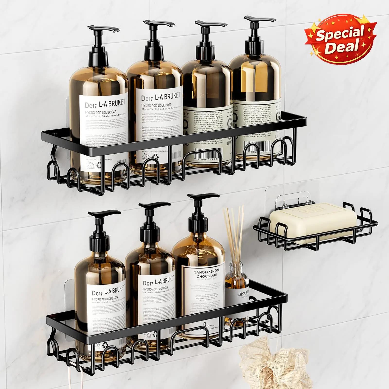 3Pcs Shower Caddy Set Rustproof Stainless Steel Bathroom Organizer Wall Shelf with Soap Holder No Drill Wall Mounted Storage Rack Punch-Free Self Adhesive Shampoo Holder for Kitchen Toilet Accessories