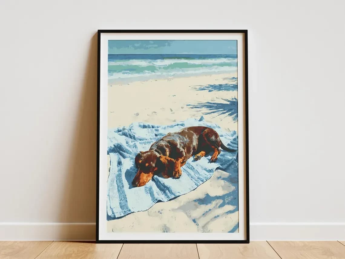 Sleepy Dachshund Dog Beach Art Print Coastal Ocean Summer Vacation Pet Lover Wall Decor Poster Relaxing Wiener Dog Artwork