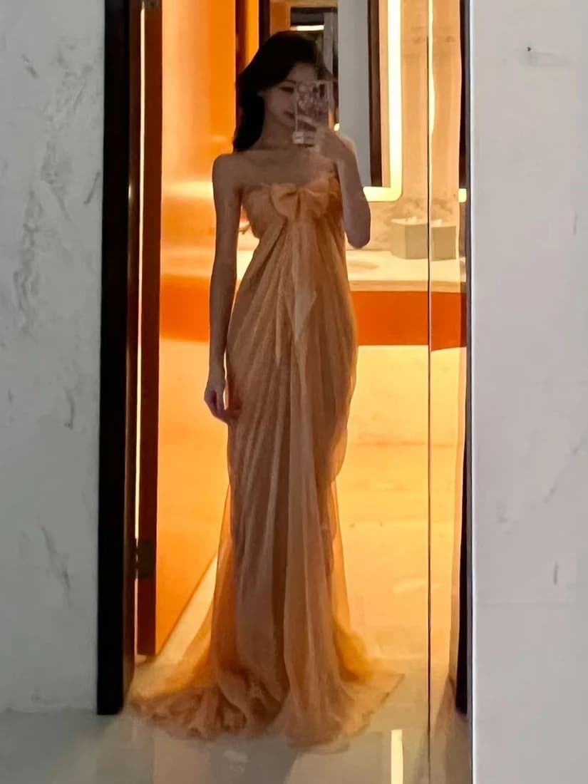 Elegante Abito da Fata con Decorazione a Nodo, Vestito Senza Spalline da Donna, Tessuto in Poliestere Traspirante, Leggermente Elastico Micro...