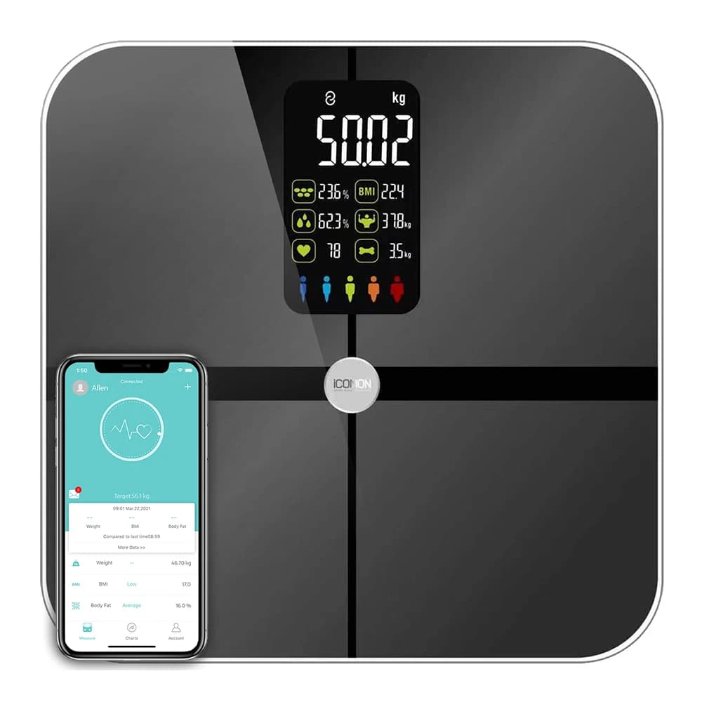 Bilancia digitale Bluetooth per il bagno - Analizzatore di grasso corporeo e BMI ad alta precisione con ampio display per il monitoraggio della salute