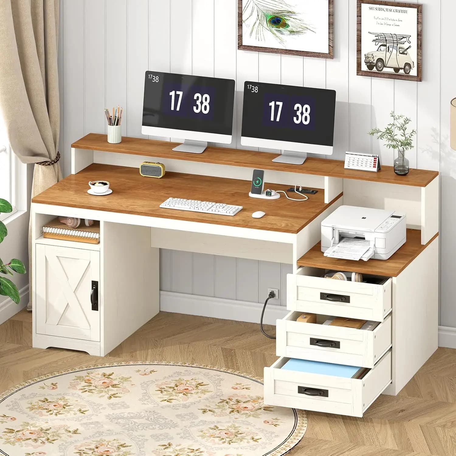 Scrivania per Computer Stile Fattoria con Cassetti, Scrivania da Ufficio da 65'' con Prese Elettriche, Armadietto e Supporto per Stampante, Personalizzabile
