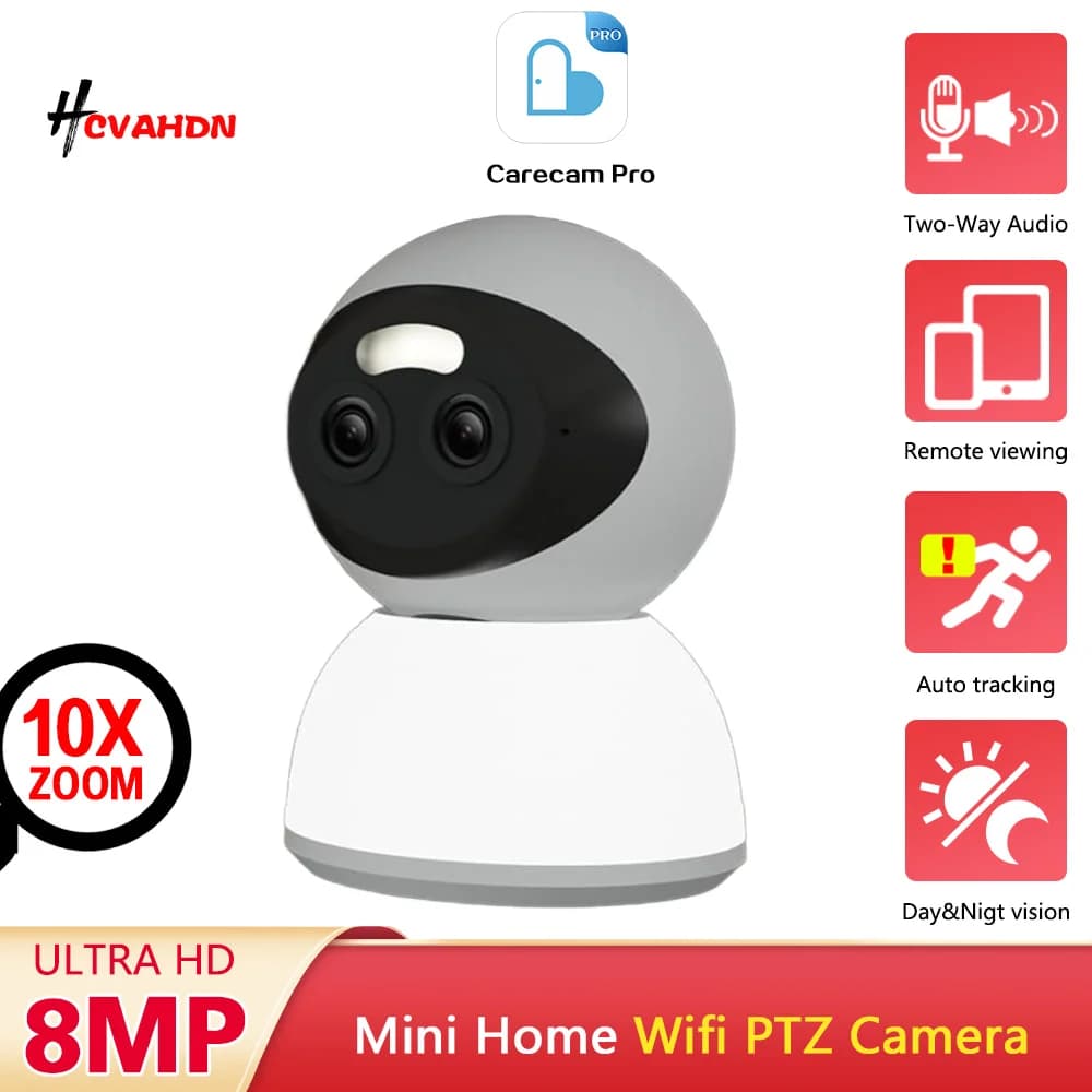 Telecamera di Sicurezza PTZ 4K WiFi 8MP con Tracciamento Automatico, Monitor Wireless per Interni, Zoom 10X, Torcia e Audio Bidirezionale