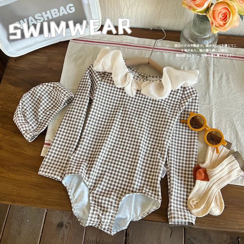 Costume da bagno intero estivo per bambine, a maniche lunghe a quadri, con cappuccio da nuoto, per la spiaggia, bikini per bambine, modello perizoma