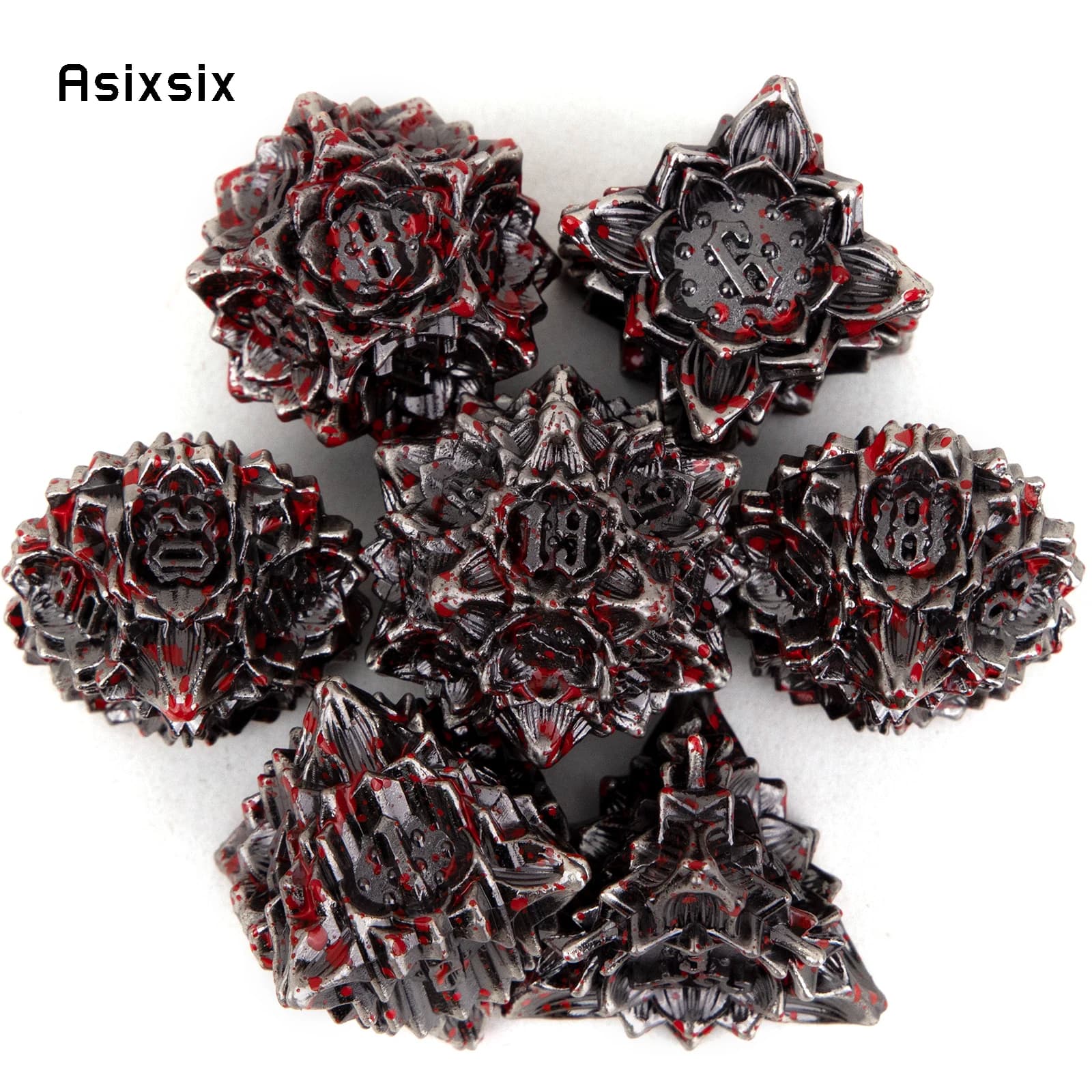 Set di 7 Dadi in Metallo Argento con Fiore di Loto Rosso, Dadi Poliedrici in Metallo Solido Adatti per Giochi di Ruolo, Giochi da Tavolo e Giochi di Carte
