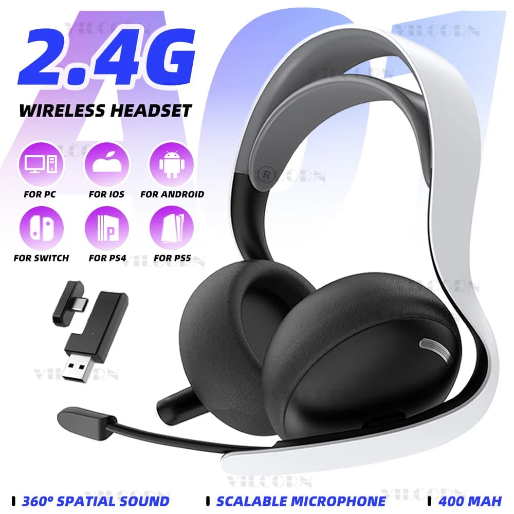 da2.4 GHz da Wireless gaming headphones for PS5 PS4 PC Mac, BT headphones with retractable microphone, 40 mm voice coil, 50 hour playback