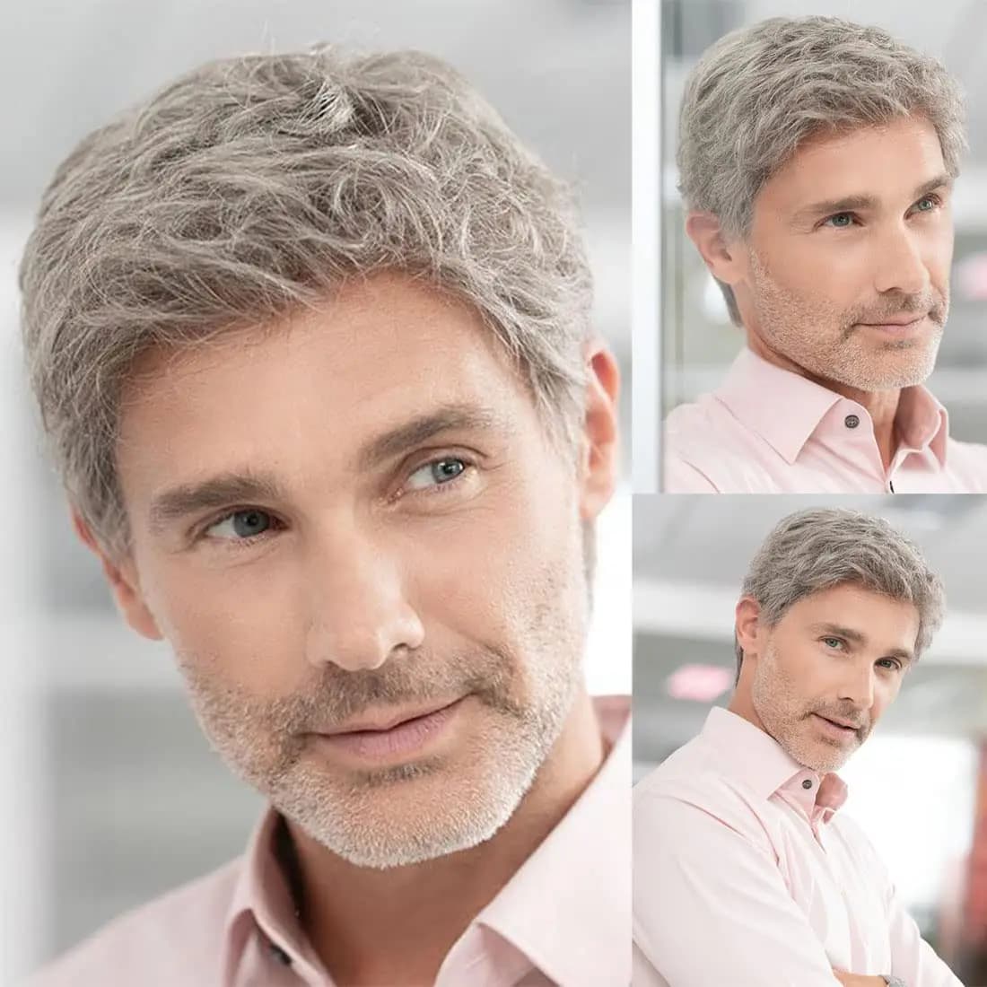 Parrucca corta grigia da uomo Costume a strati naturali Parrucche di Halloween Parrucche sintetiche resistenti al calore per capelli di ricambio per ragazzi maschi