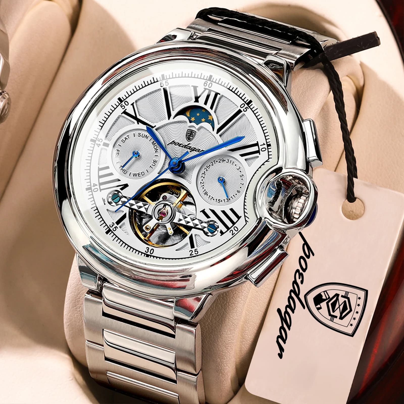 POEDAGAR Men's Luxury Watch, Automatic Mechanical With Date and Day, Stainless Steel, Waterproof, With Tourbillon