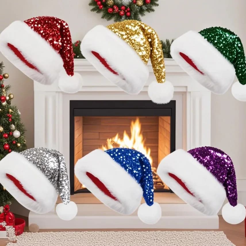 Glitter Santa Claus Hat Sparkly Thickened Velvet Sequin New Year Xmas Cap Unisex Soft Glitter Christmas Hat