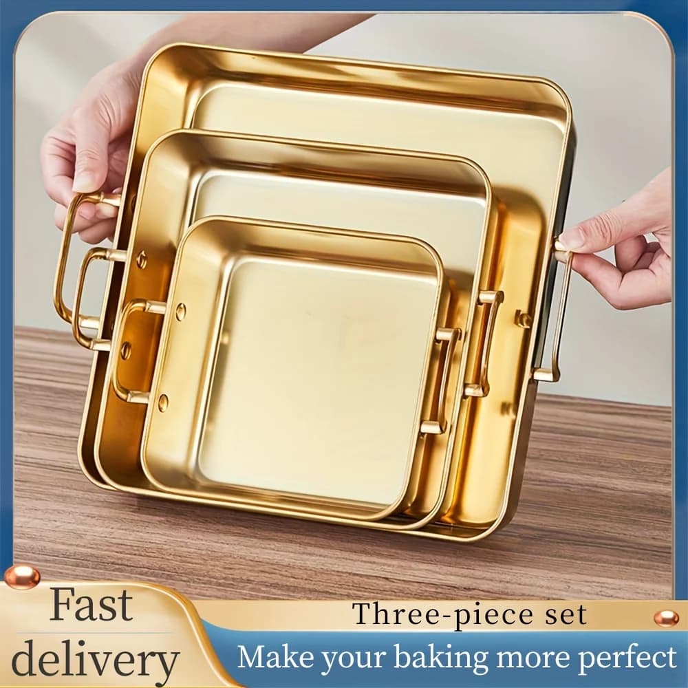 Set da 3 pezzi, teglia per patatine fritte a due manici, teglia quadrata per dolci, teglia per casseruole, teglia antiaderente, teglia per biscotti, teglia da forno in acciaio inossidabile per mousse