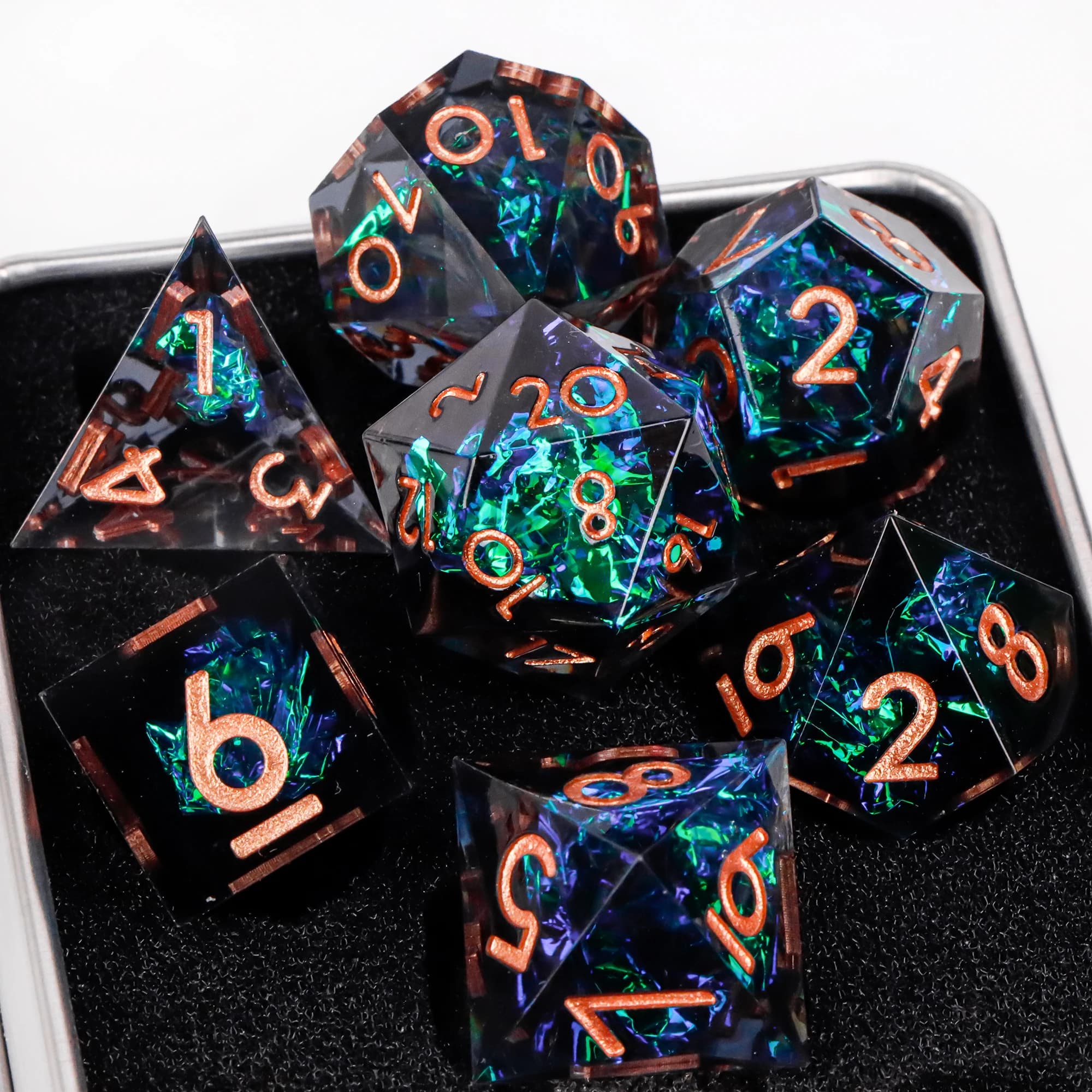 Dadi D&D con bordo affilato in resina fatti a mano per giochi da tavolo Dungeons e Dragon, dadi neri D&D poliedrici