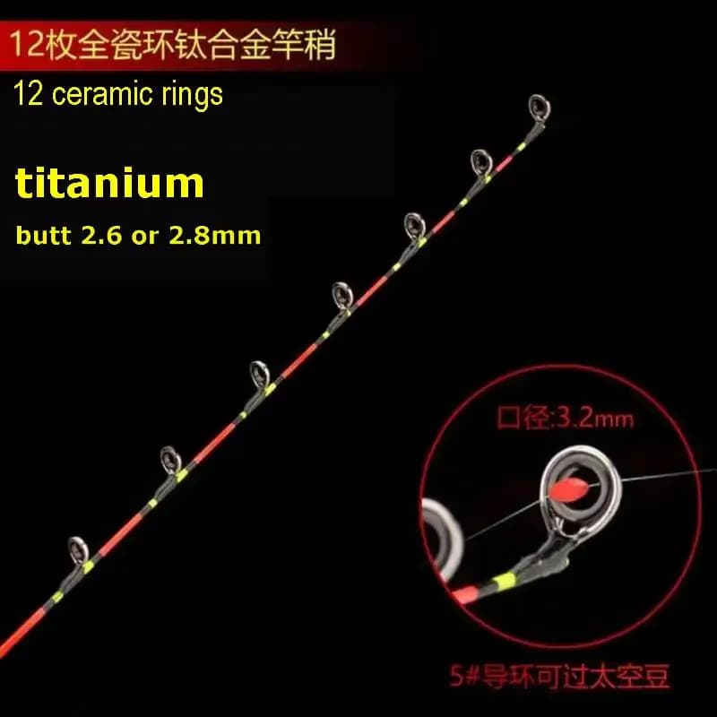 RA006 RA006T Titanium 0,6 mm 0,8 mm 1 mm 55 cm Head 2,6 mm or 2,8 mm Offshore raft Fishing rod tips 12 rings Line hole 2 mm or 3,2 mm