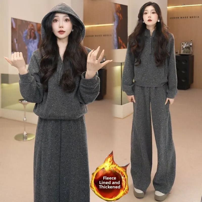 Thickened Fleece Winter Sportswear Set Women's Casual Fashion Slimming Sequin Hoodie Wide Leg Pants Two Piece Set