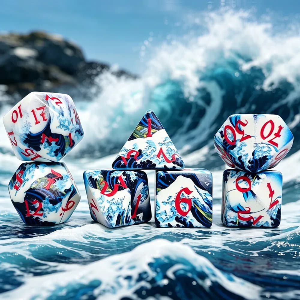7PCS Polyhedral The Great Wave Off Kanagawa Print Acrylic Dice Set for Dungeons & Dragons RPG Pathfinder D&D, RPG Players & DM