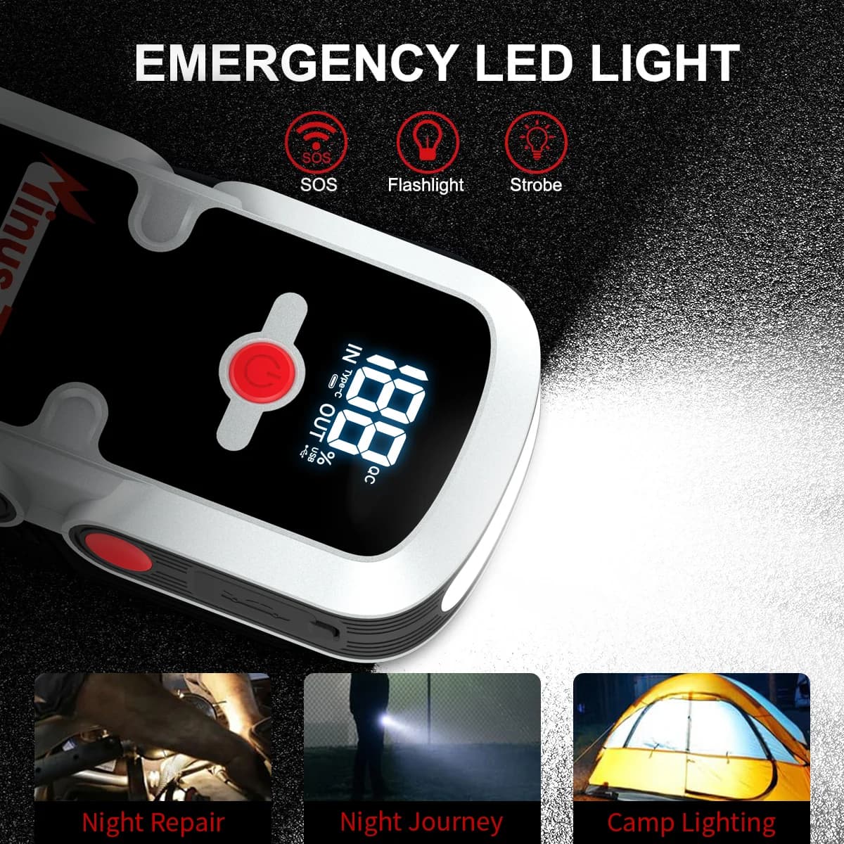 Avviatore di Emergenza Portatile per Tutti i Motori, Booster per Batteria Auto, Power Bank con Ricarica Rapida USB e Torcia LED