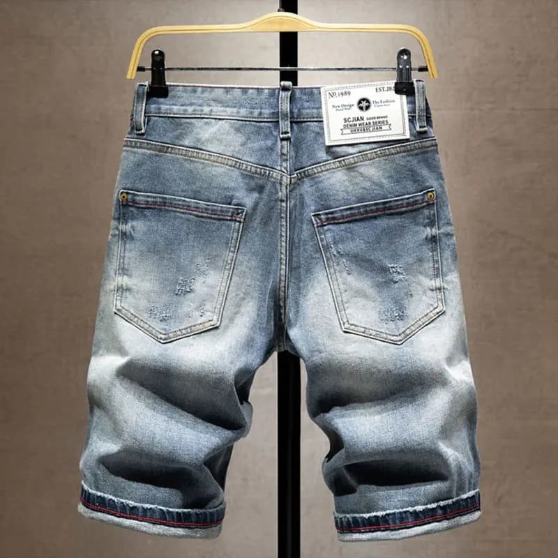 Street Designer Moda Uomo Jeans Estate Retro Blu Stretch Jeans strappati Uomo Ricamo Patched Y2K Pantaloncini di jeans vintage Hombre
