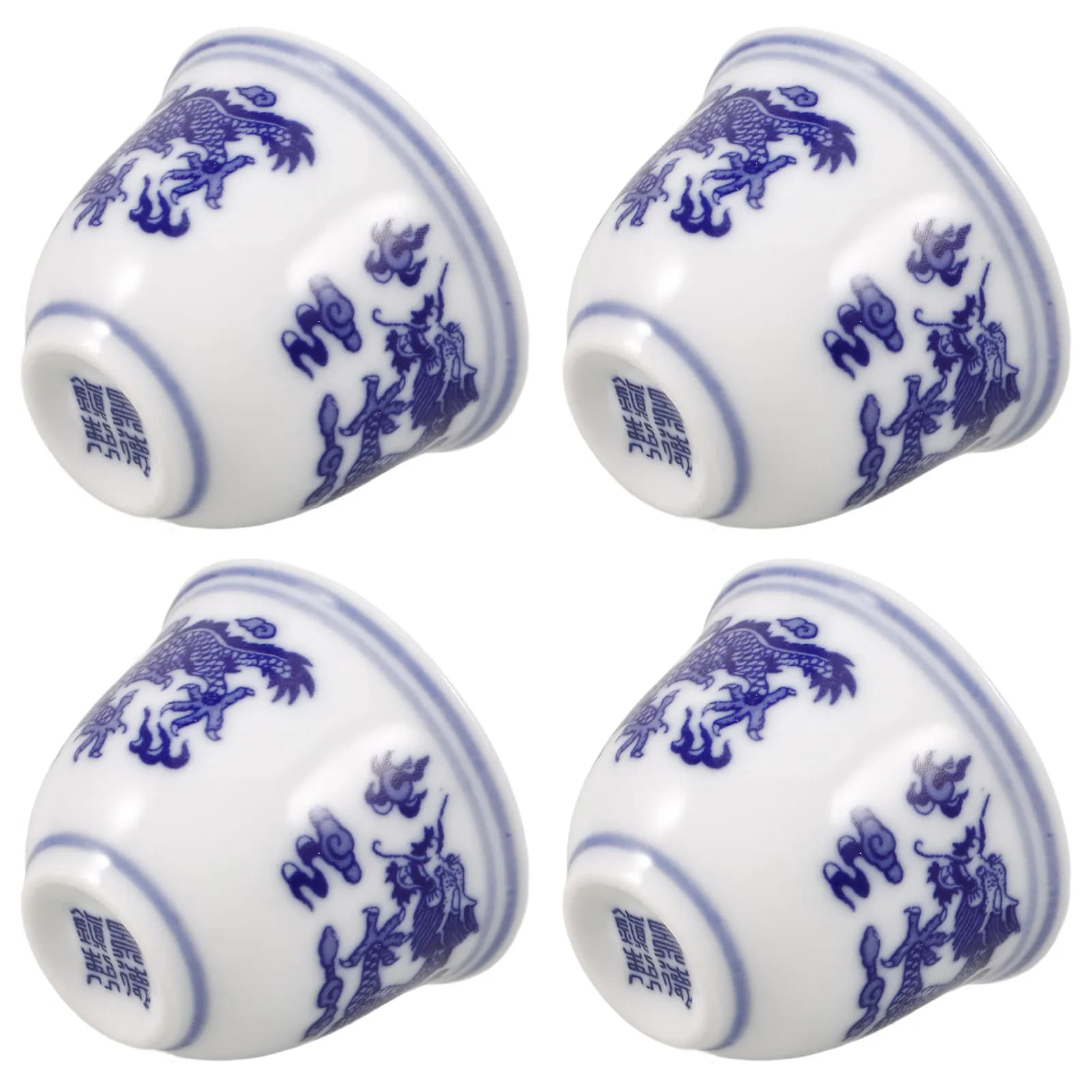 4Pcs Chinese Blue White Porcelain Tea Bowl Classic Ceramic Teacup Small Size High Temperature Resistant Dishwasher Safe