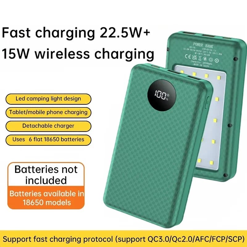 Scatola di Ricarica DIY 22.5W con Ricarica Rapida e Wireless 10W, Illuminazione LED per Batterie 18650, Compatibile con iPhone Huawei Realme Oppo