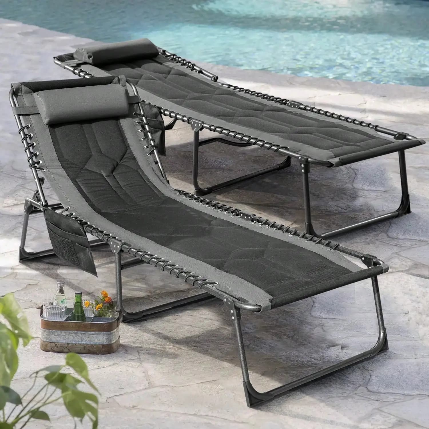 Chaise longue folding patio deck chairs padded with side bag