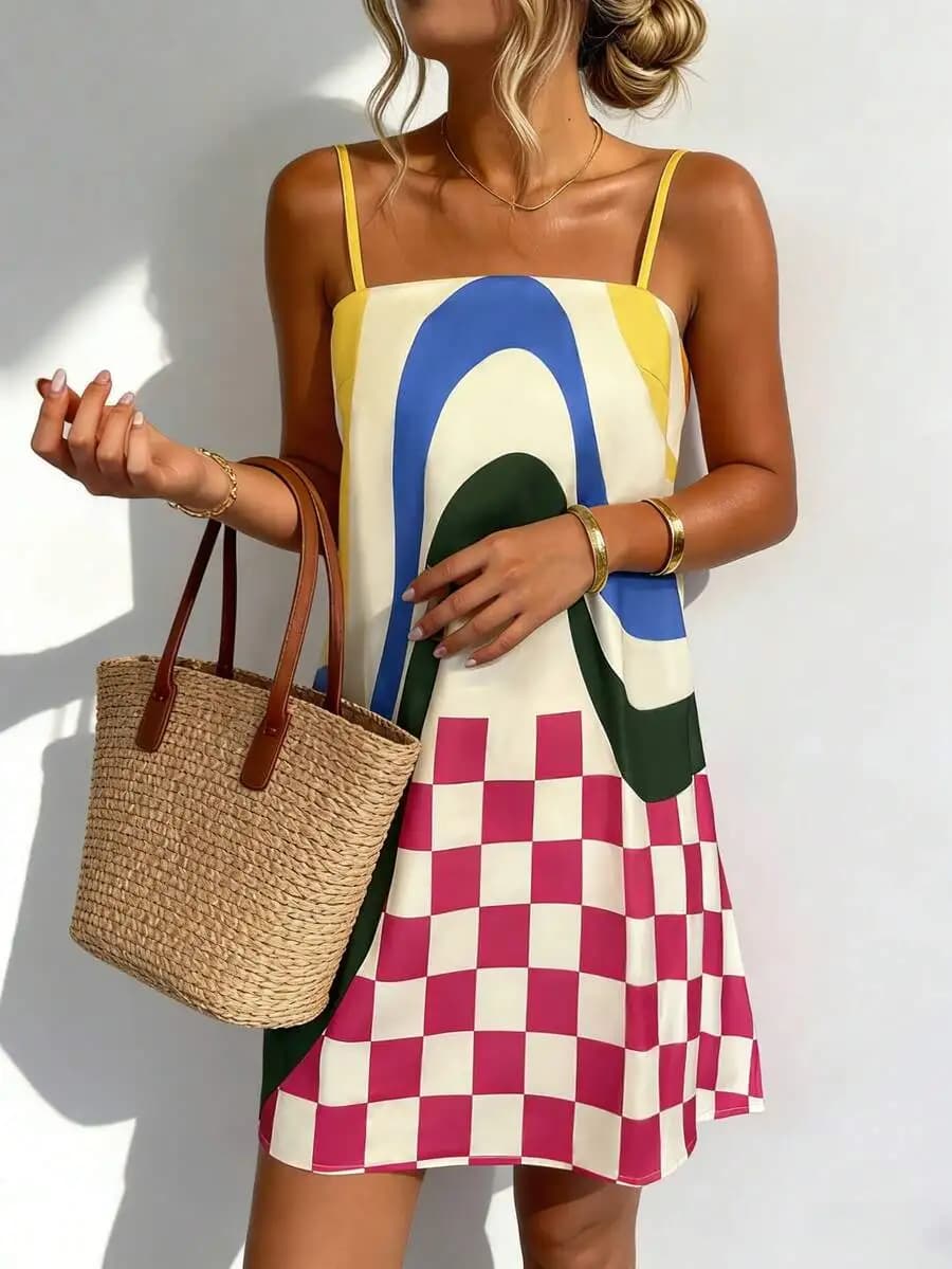 Womens Summer Beach Vacation Checkered Abstract Print Loose Spaghetti Strap Dress