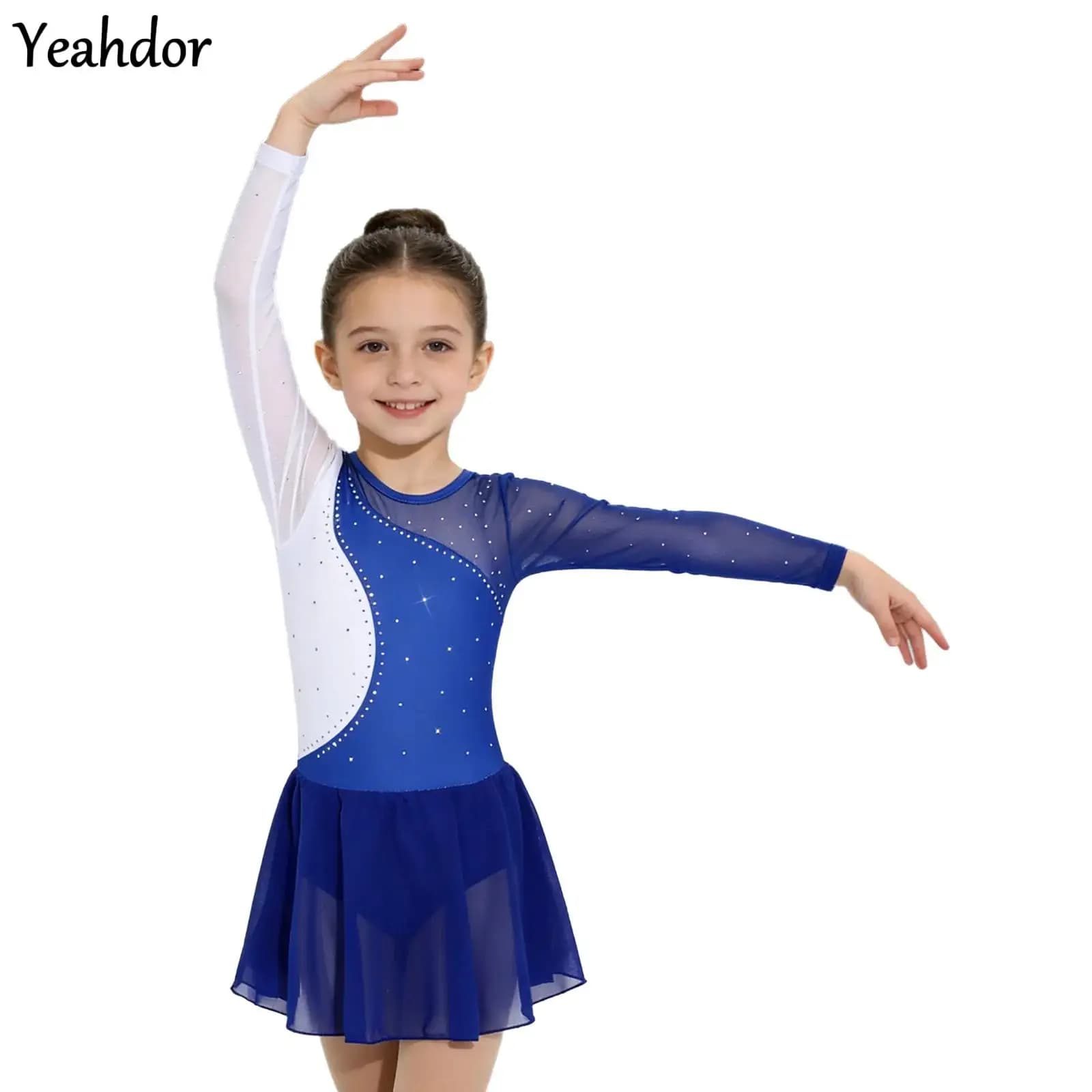 Vestito da Pattinaggio Artistico per Bambine, Manica Lunga, con Inserti in Rete e Strass, Color Block, Body da Ginnastica per Esibizioni sul Palco