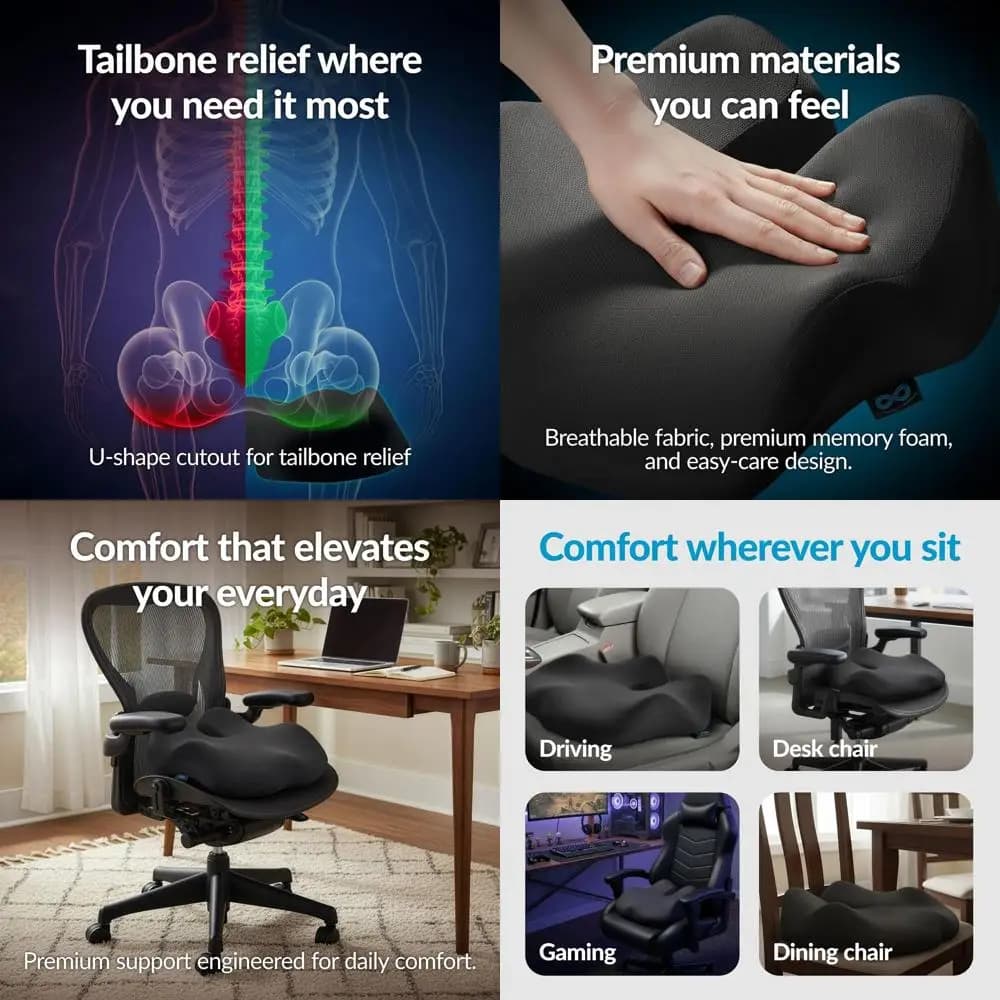 Cuscino Ergonomico in Memory Foam per Dolore al Coccige e Sollievo dalla Sciatica - Nero Carbone Premium, Grande