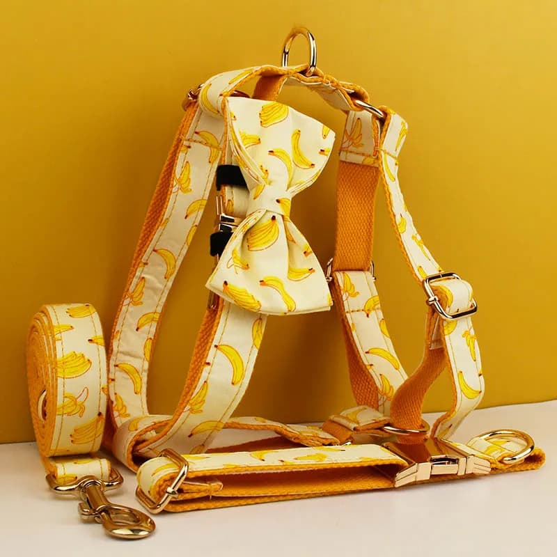 Vendita calda Design personalizzato Logo Sublimazione Morbido cotone Stampa banana Accessori per animali Collare per cani Guinzagli Imbracatura Arco Frutta 02