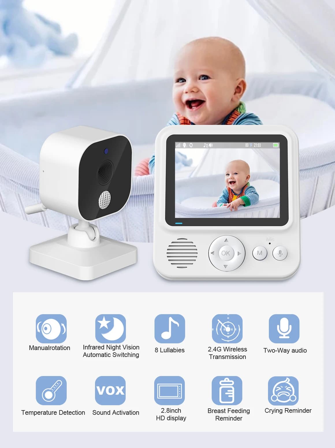 2MP 1080P Wireless Baby Monitor Monitoraggio della temperatura 2.8 pollici VOX Alimentazione Ricorda Interfono BabySistter Nanny Cam
