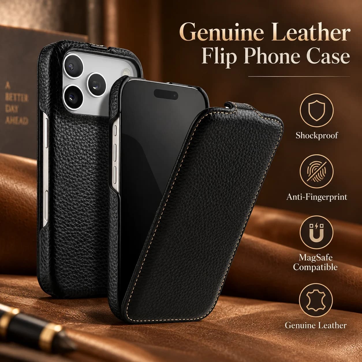 For iPhone 18 17 16 Pro Max Genuine Leather MagSafe Flip Case Premium Luxury Cowhide Magnetic Phone Cover Protective Case
