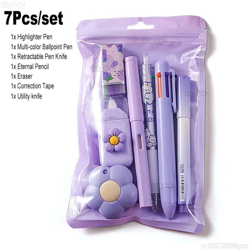 Set di cancelleria da 7 pezzi Evidenziatore, penna a sfera multicolore, coltello multiuso, matita eterna, gomma, forniture per nastro correttore